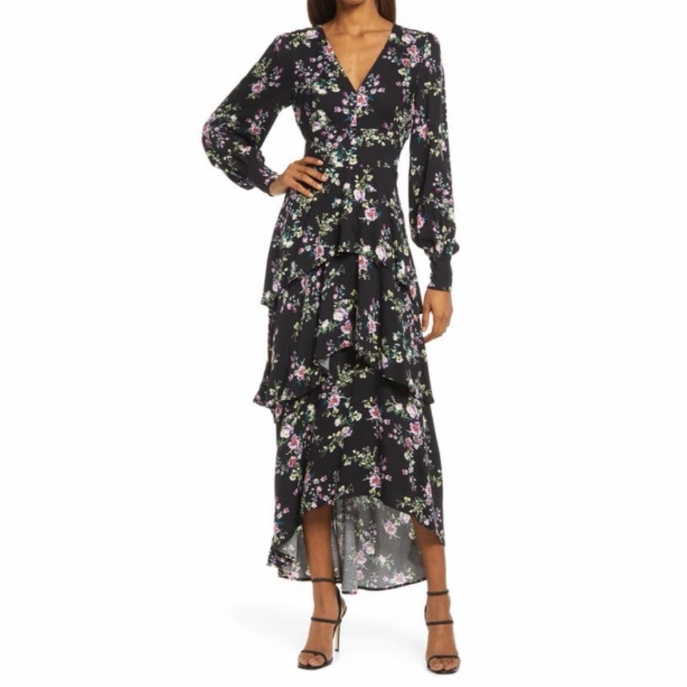 Fourteenth Place Moody Floral Long Sleeve Tiered High/low Dress In Black